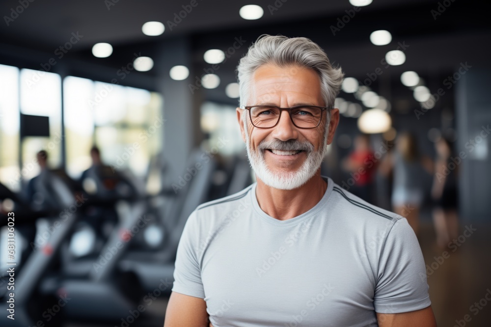 Elderly man smiling in the gym by Generative AI Elderly man smiling in the gym by Generative AI