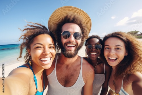 Fototapeta Naklejka Na Ścianę i Meble -  group of people happy expression summer holidays and beach concept. ai generated