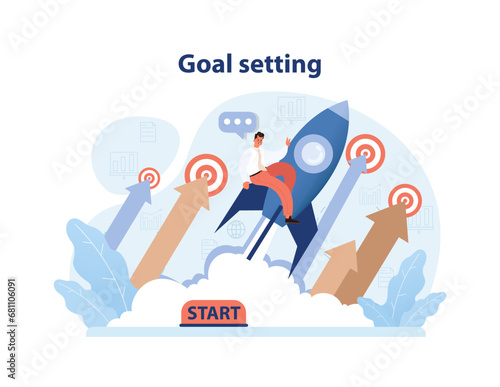Goal setting concept. Man launching from the start, navigating rising arrows to hit multiple targets. Charting growth, ambition, and success journey. Flat vector illustration.