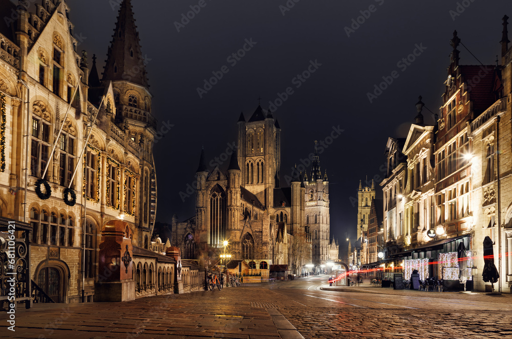 Gent, Flanders, Belgium - Belfort Tower and Gralesi at night