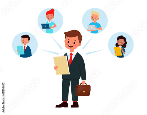 Businessman delegates authority to other people. Distribution of responsibilities for effective work. Company structure. Social communication. Cartoon flat isolated cute vector concept