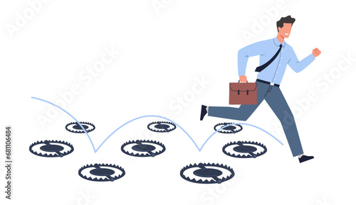Businessman jumps over many traps to achieve business success. Goal achievement or success in risky situation. Mistake and failure. Avoid pitfall, cartoon flat isolated vector concept