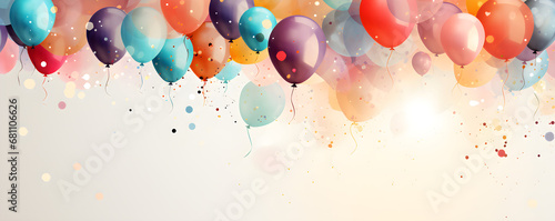 Design for a birthday card or invitation with a background of balloons and confetti, photo