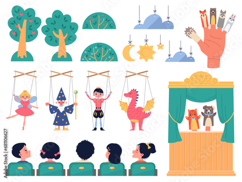 Cartoon puppet kids theater. Marionettes elf, wizard and dragon, animals finger characters, stage with curtain, scenery for performances, children sit in row. Vector set