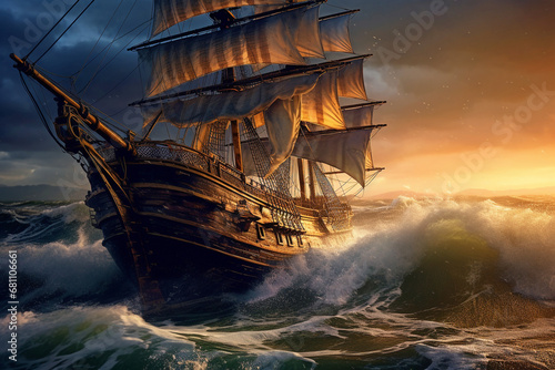 Historisches Segelschiff mit gesetzten Segeln im Sturm. Piratenschiff
