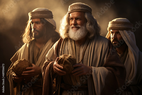 The three wise men or three kings on a journey to see the baby jesus photo