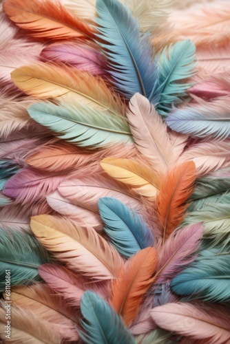 Beautiful background, texture of colorful feathers in pastel shades.