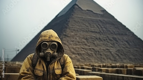 postać w masce gazowej i żółtym płaszczu z kapturem na tle piramida heopsa podczas apokalipsy i zagrożenia radioaktywnego