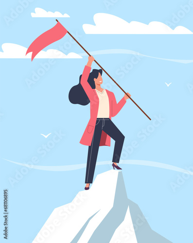 Concept of achieving success, business woman raising flag on top of mountain. Goal achievements. Climbing on rock, successful employee, winner person. Vector cartoon flat isolated illustration