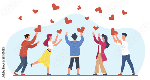 Concept of heartfelt help and support, people catching hearts. Donation and social aid. Volunteer cooperation, men and women together share love and empathy, vector cartoon flat illustration