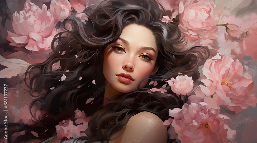 beautiful woman with pink blooming flowers portrait, young glamour and luxury female with stylish hair, makeup and beauty concept beautiful woman with pink blooming flowers portrait, young glamour and luxury female with stylish hair, makeup and beauty concept