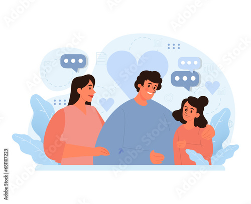 Family's joyous moments. A heartwarming depiction of a close-knit family sharing love and happiness amidst digital symbols of daily life. Uniting through bonds of affection. Flat vector illustration