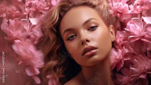 portrait of beautiful young woman with pink rose flowers makeup, beauty and fashion concept, skin and hair care, fashionable hairstyle and make up concept © goami