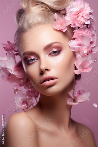 portrait of beautiful young woman with pink rose flowers makeup  beauty and fashion concept  skin and hair care  fashionable hairstyle and make up concept