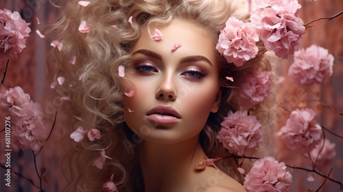 portrait of beautiful young woman with pink rose flowers makeup, beauty and fashion concept, skin and hair care, fashionable hairstyle and make up concept
