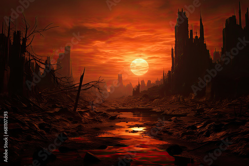 rzeka przed zniszczonym miastem nad zachodem słońca
