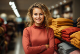 Woman selling sweaters in department store looking at camera