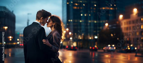 A young elegant romantic couple hugged in a modern cityscape full of blurred lights. 