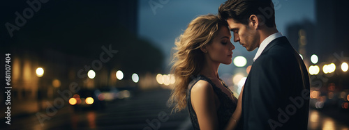 A young elegant romantic couple hugged in a modern cityscape full of blurred lights.  photo