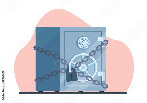 Deposit security concept, safe tethered with chains and padlocked. Storage metal box for money and documents. Banking deposit symbol. Cartoon flat style isolated illustration. Vector concept