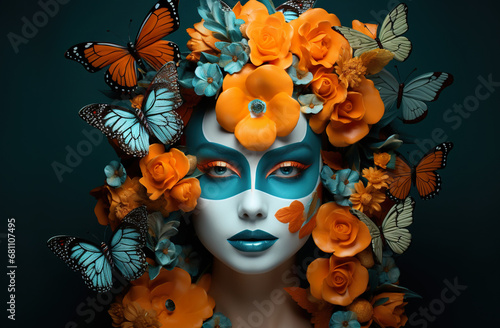 fashion portrait of young beautiful woman, orange and blue flower and petal, creative beauty makeup and hairstyle concept