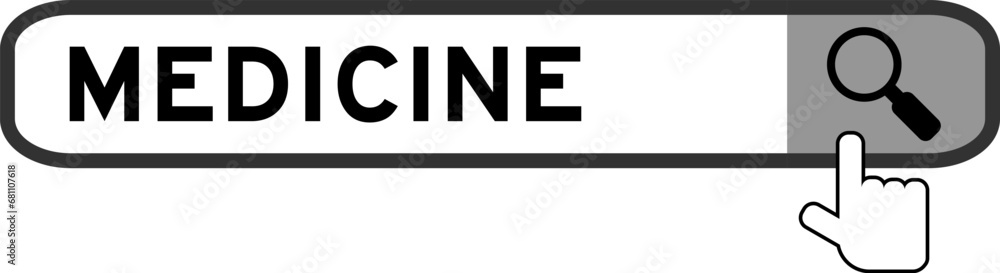 Search banner in word medicine with hand over magnifier icon on white background Search banner in word medicine with hand over magnifier icon on white background