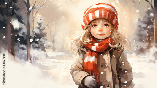 Dziewczynka w czapce, szaliku i zimowej kurtce stojąca na śniegu zimą. Rysunek akwarelowy. 