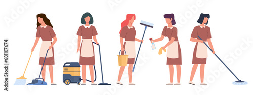 Different maids with cleaning tools. Women in uniform with mop and vacuum cleaner, detergent spray and sponge. Professional housekeeping. Cartoon flat style isolated vector housemaid set