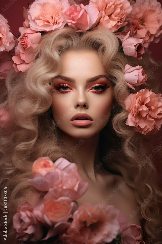 portrait of beautiful young woman with pink sore flowers, beauty and fashion concept, skin and hair care