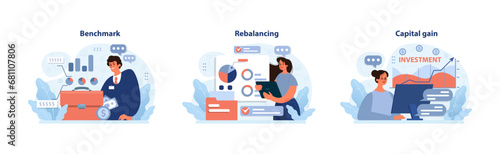 Investment concepts set. Expert analyzing benchmarks, strategist adjusting portfolios, individual celebrating returns. Financial performance, strategy adjustments, profit growth. vector illustration.