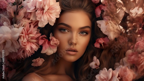 portrait of beautiful young woman with pink sore flowers, beauty and fashion concept, skin and hair care photo