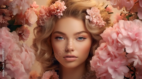 portrait of beautiful young woman with pink sore flowers, beauty and fashion concept, skin and hair care © goami