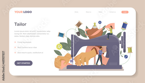 Tailor landing page or web banner template. Dressmaker working on sewing machine and working with a mannequin. Vector illustration.


