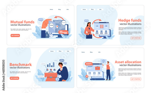 Financial concepts set. Exploring mutual funds, interactive benchmark analysis, navigating hedge funds, and strategic asset allocation. Engaging with investment tools. Flat vector illustration