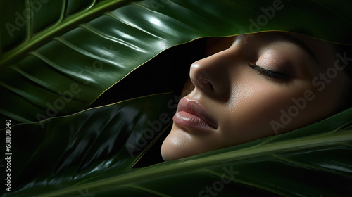 beautiful young woman portrait with green tropical leaf, harmony of human and nature, natural beauty concept