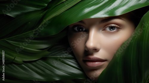 beautiful young woman portrait with green tropical leaf, harmony of human and nature, natural beauty concept