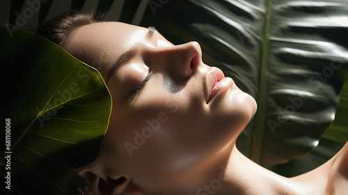 beautiful young woman portrait with green tropical leaf,  harmony of human and nature, natural beauty concept photo