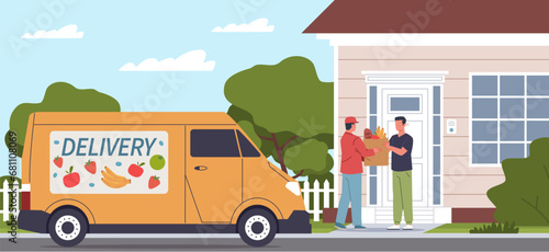 Food delivery scene. Courier in overalls passes groceries package to man, truck with products, service to doorstep. Deliveryman and customer with paper bags cartoon flat nowaday vector concept