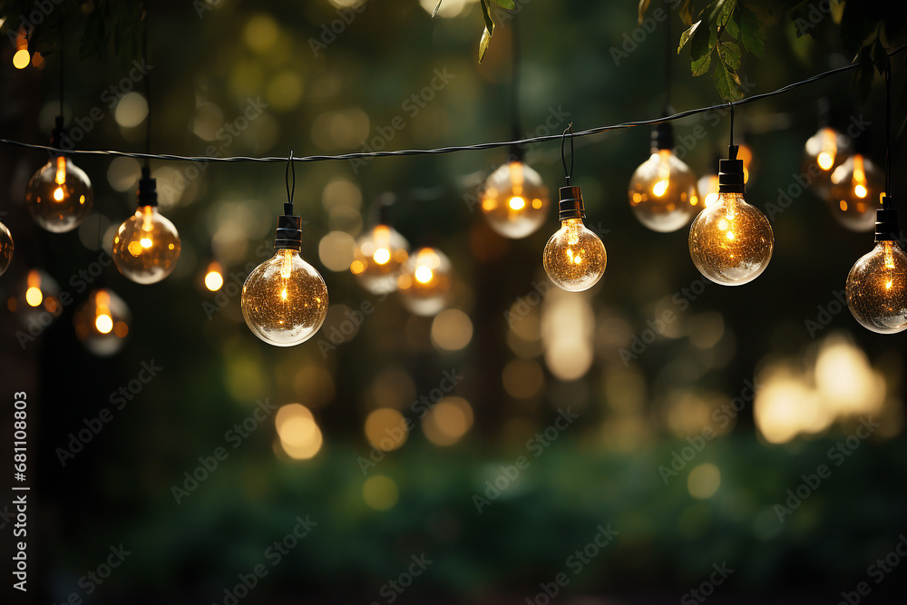 Party lights hanging on trees in garden background - obrazy, fototapety, plakaty 