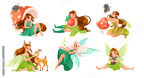 Elves and Nature with Fairy Girl with Wings and Forest Fauna Vector Set