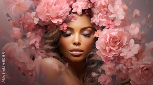 beautiful woman with pink flowers portrait, young glamour and luxury female with perfect skin, makeup and beauty concept © goami
