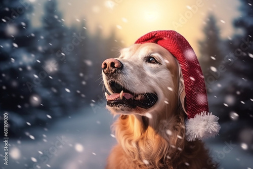 Cute dog wearing a red hat in the snow