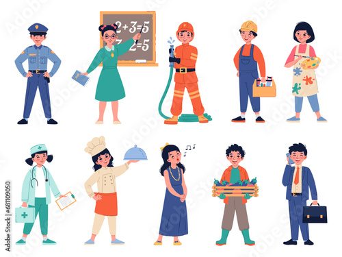 Kids professions. Children in costumes in professional uniforms, different little employees outfits, teacher, policeman and cook, singer, farmer and fireman, cartoon flat illustration vector set