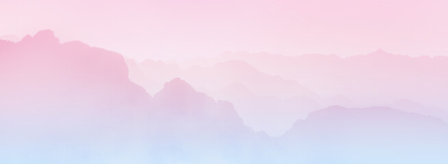 Foto auf Acrylglas Pantone 2023 Viva Magenta Layered mountain silhouettes with pink to blue gradient. Long panoramic wallpaper.  © prystai
