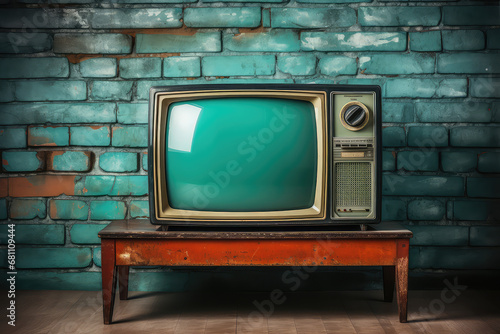 stary telewizor z kineskopem ii szklanym ekranem na starej szawce przed starą ścianą z cegły i z obdartym tynkiem z prl u prlu prl-u