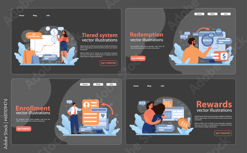 Membership set. Online VIP system, instant bonus redemption. Digital enrollment process, exclusive rewards. User interaction, monetary benefits. Flat vector illustration.