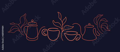 Green tea, leaves and cups logo Vector line symbol