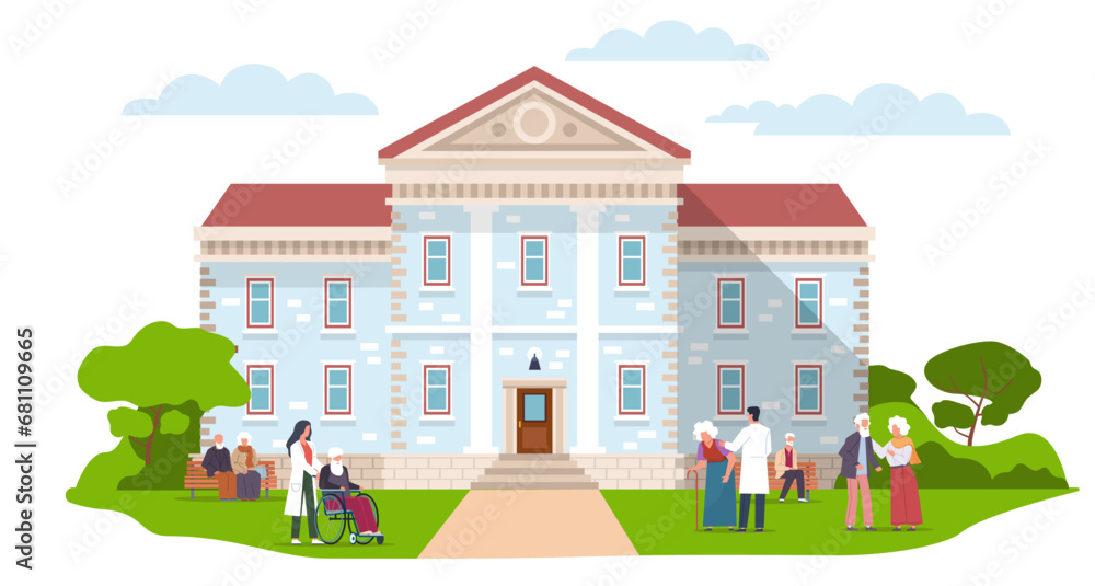 Nursing home for pensioners. Old people walking outdoors near building with nursery and helpers. Elderly man in wheelchair and woman with cane. Cartoon flat style isolated vector concept