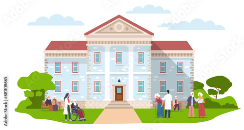 Fototapeta Naklejka Na Ścianę i Meble -  Nursing home for pensioners. Old people walking outdoors near building with nursery and helpers. Elderly man in wheelchair and woman with cane. Cartoon flat style isolated vector concept
