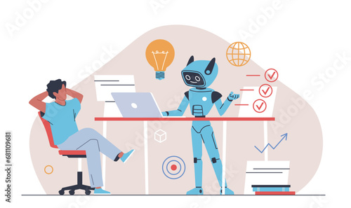 Person resting, ai working. Guy cooperates with artificial intelligence, free time, working time optimization. Modern technologies, nowaday cartoon flat isolated illustration, vector concept